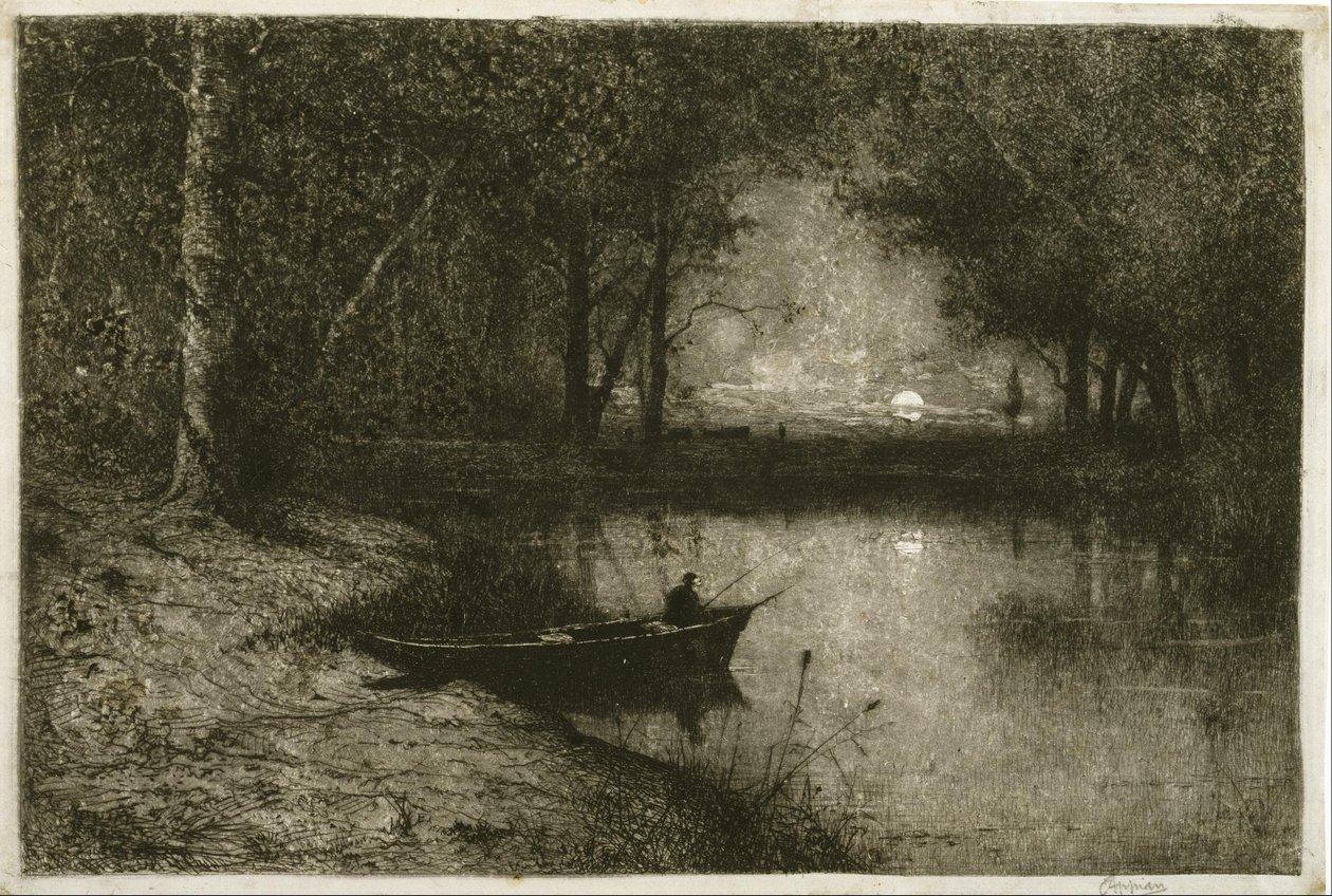 Pescador en un Bote de Remo, al Borde de un Río de Adolphe Appian