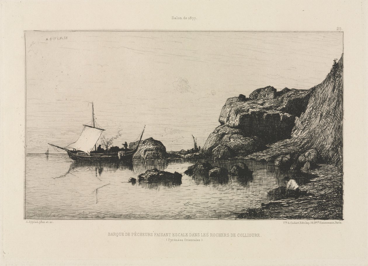Barco pesquero haciendo escala en las rocas de Collioure de Adolphe Appian
