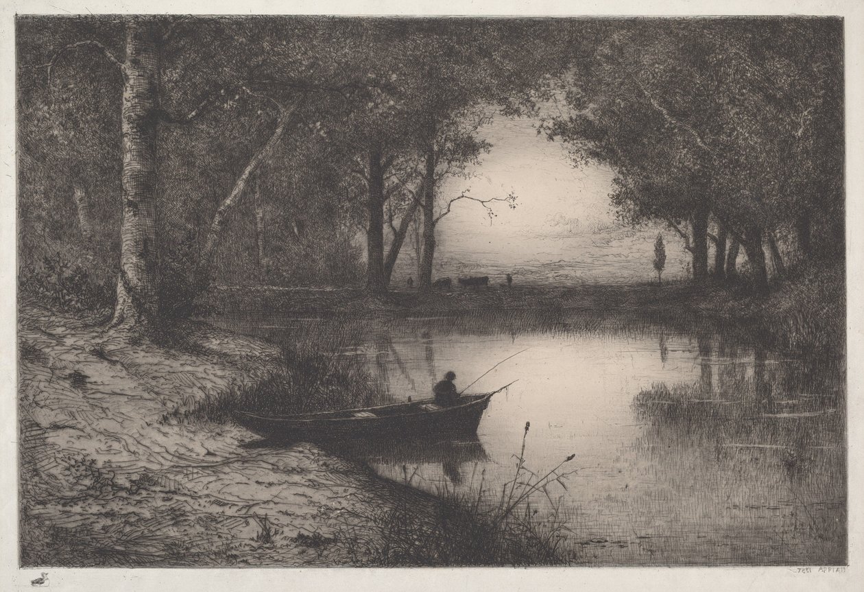 Pescador en canoa, a orillas de un río de Adolphe Appian