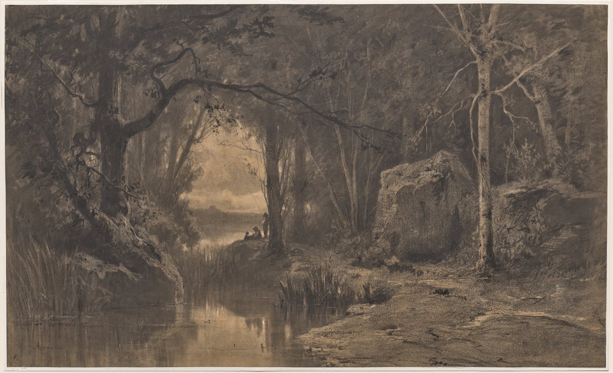 Tres pescadores a orillas de un río, al borde de un bosque de Adolphe Appian