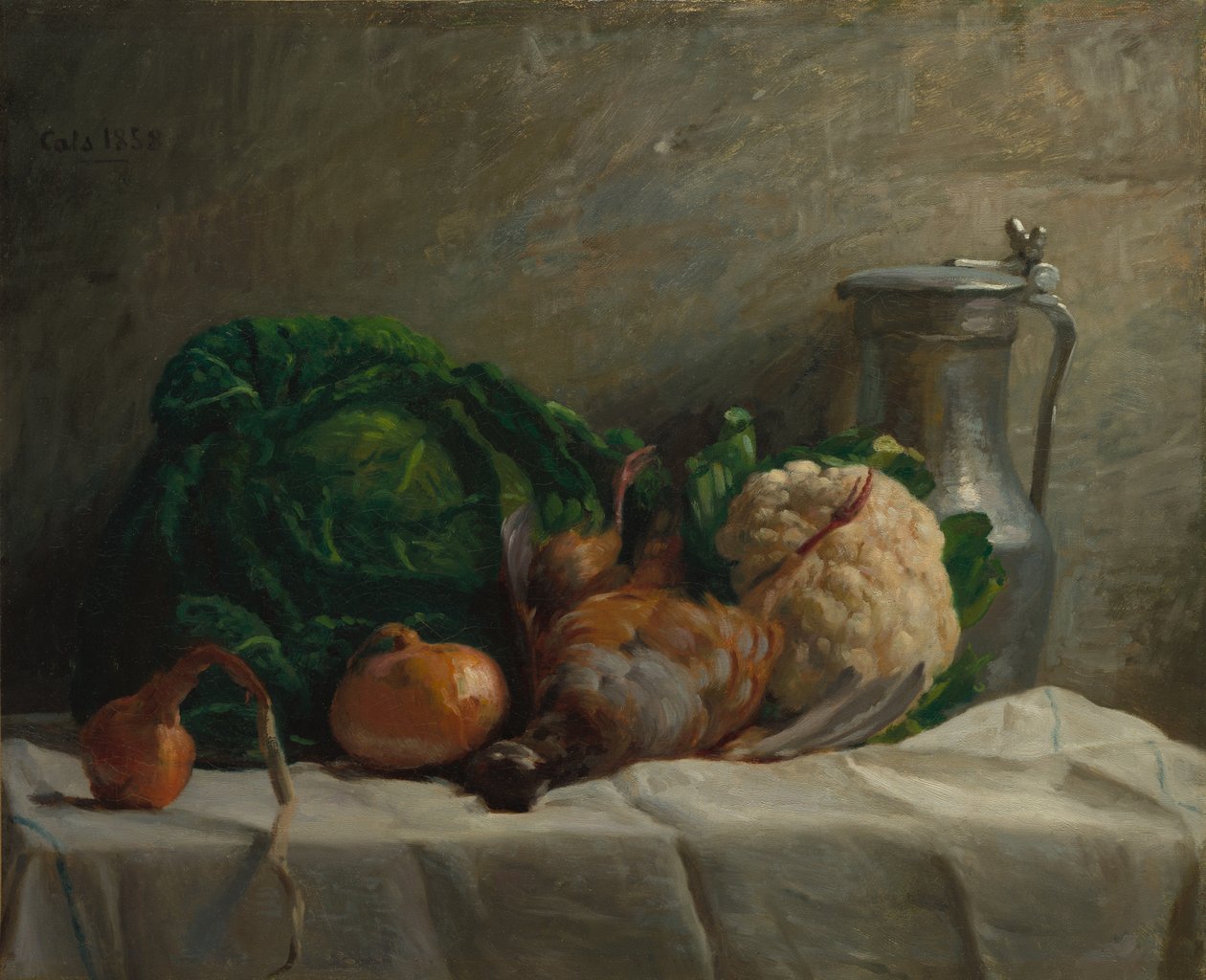 Naturaleza muerta con verduras, perdiz y una jarra, 1858 de Adolphe Felix Cals