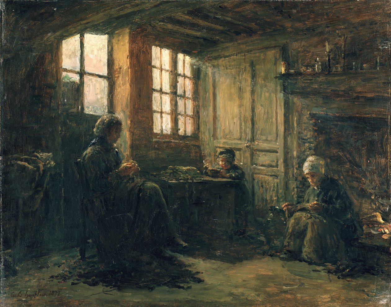 Mujeres deshilachando lino, Honfleur, 1877 de Adolphe Felix Cals