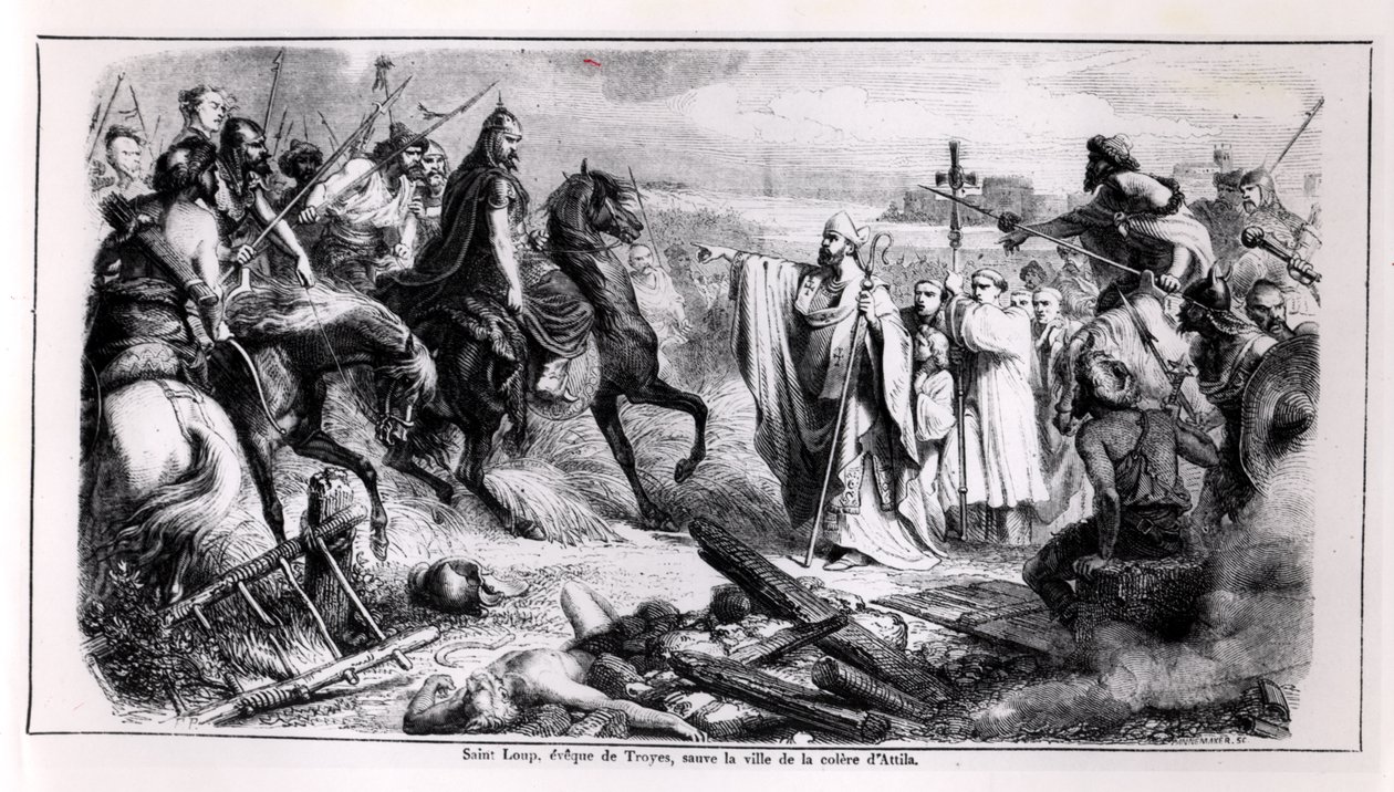 San Lupo defendiendo la ciudad de Troyes contra Atila el Huno (c.406-453) en su caballo, ilustración de una historia de Francia, segunda mitad del siglo XIX de Adolphe Francois Pannemaker