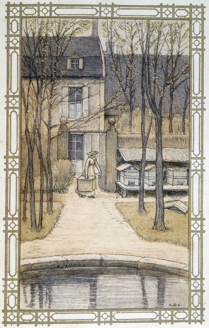 Vida de las abejas: apicultor y sus colmenas - dibujo por A. Giraudon de Adolphe Giraudon