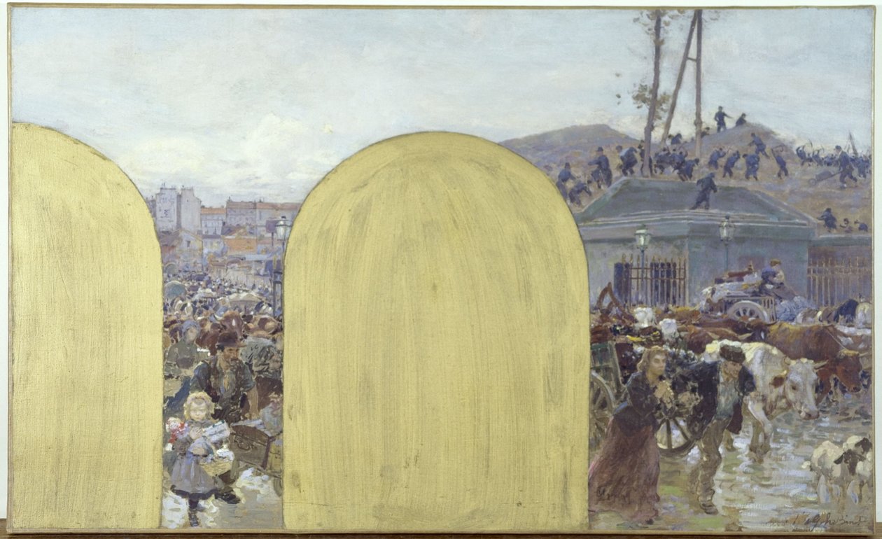 Boceto para el gabinete del prefecto del Hôtel de Ville de París: El regreso a París de los habitantes de los suburbios: El sitio de París en 1870, en 1895 (óleo sobre lienzo) de Adolphe Gustave Binet