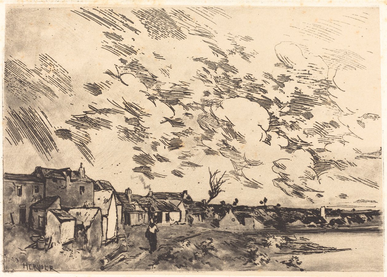 Pueblo en la orilla de un río de Adolphe Hervier