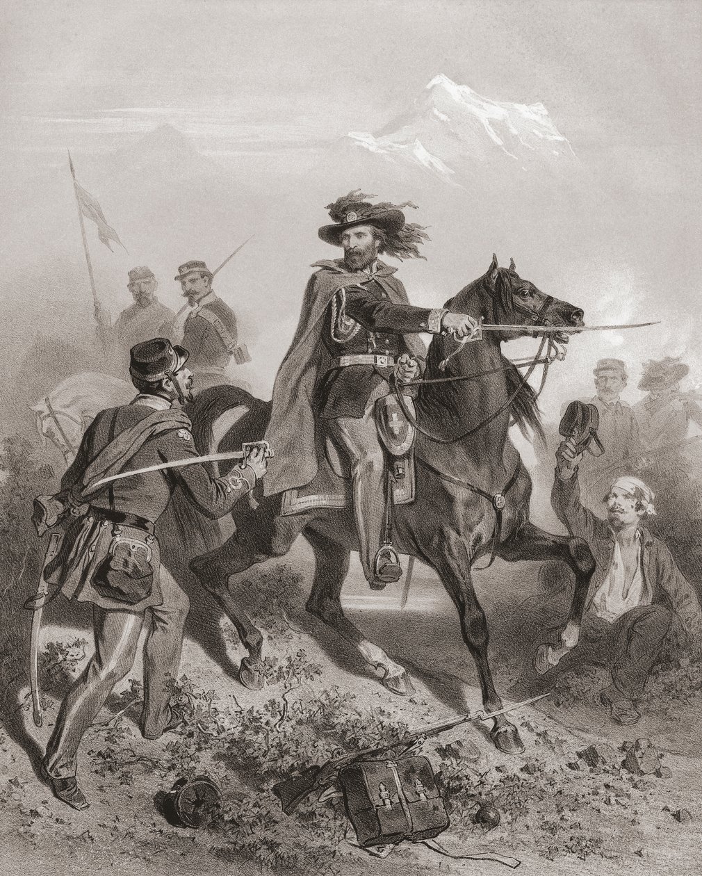 Giuseppe Garibaldi en la Batalla de Varese. (imprimir) de Adolphe Jean Baptiste (after) Bayot