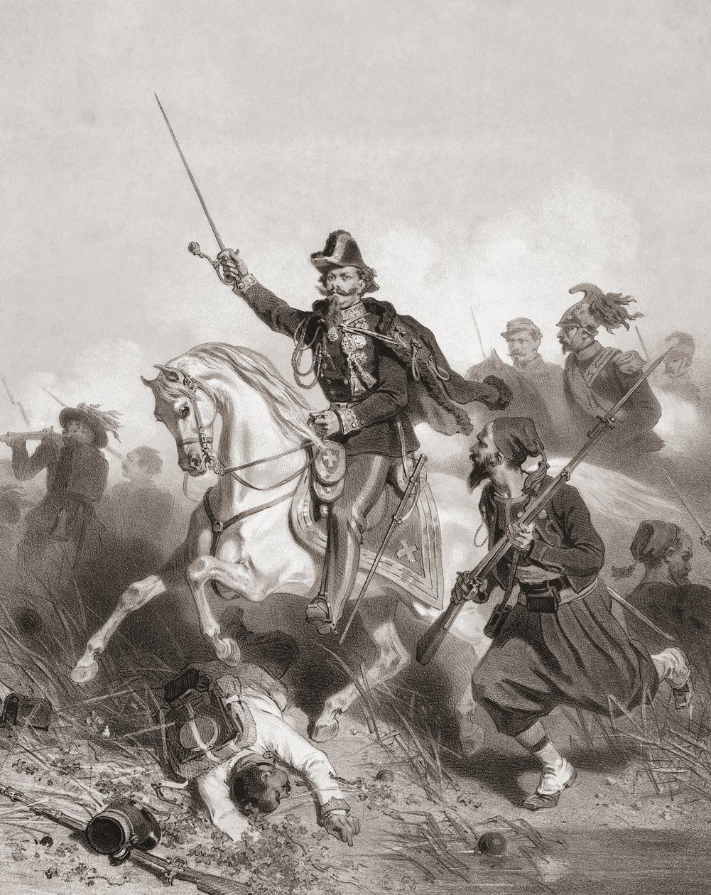 El rey Víctor Manuel II en la batalla de Palestro (impresión) de Adolphe Jean Baptiste (after) Bayot