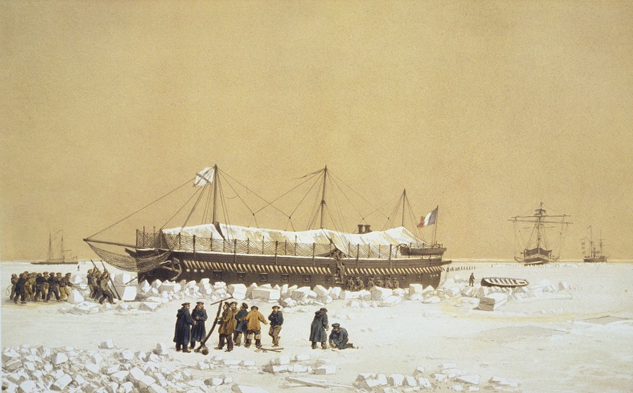 Batería flotante La Tonnante en el hielo antes de Kil-Bouroun, de Nuestros Recuerdos de Kil-Bouroun durante el invierno pasado en el Limán del Dniéper, 1855-56, grabado por Eugene Ciceri (1813-90) de Adolphe Jean Baptiste Bayot and Antoine Leon Morel Fatio