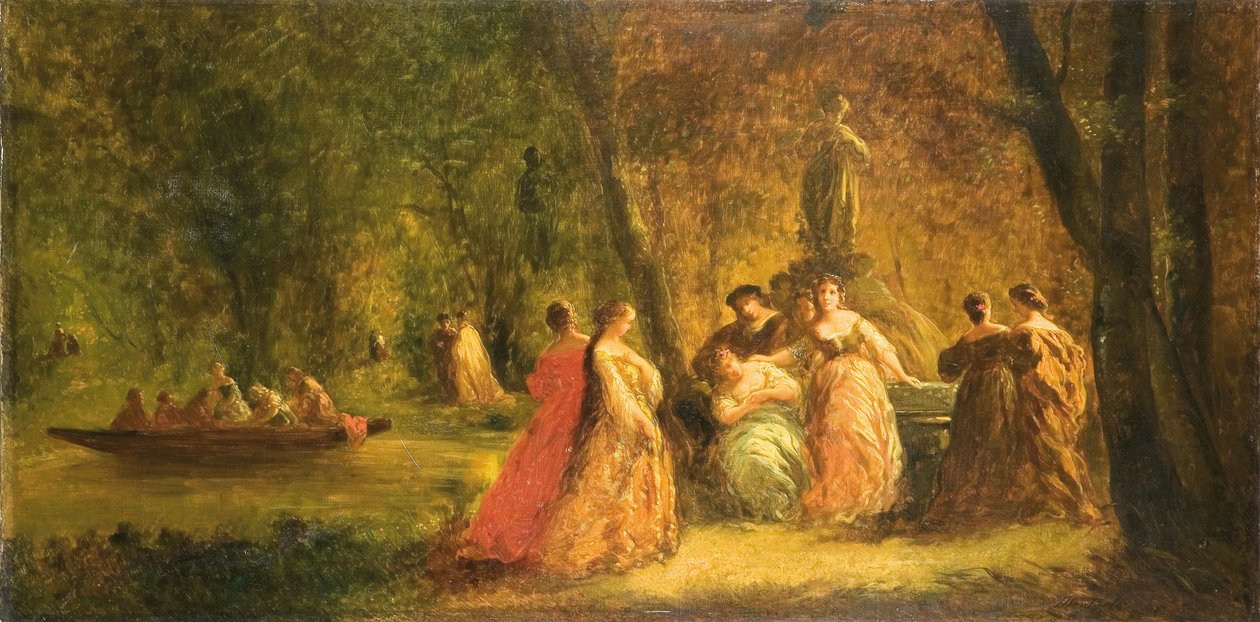 Mujeres en el parque cerca de un río de Adolphe Joseph Thomas Monticelli