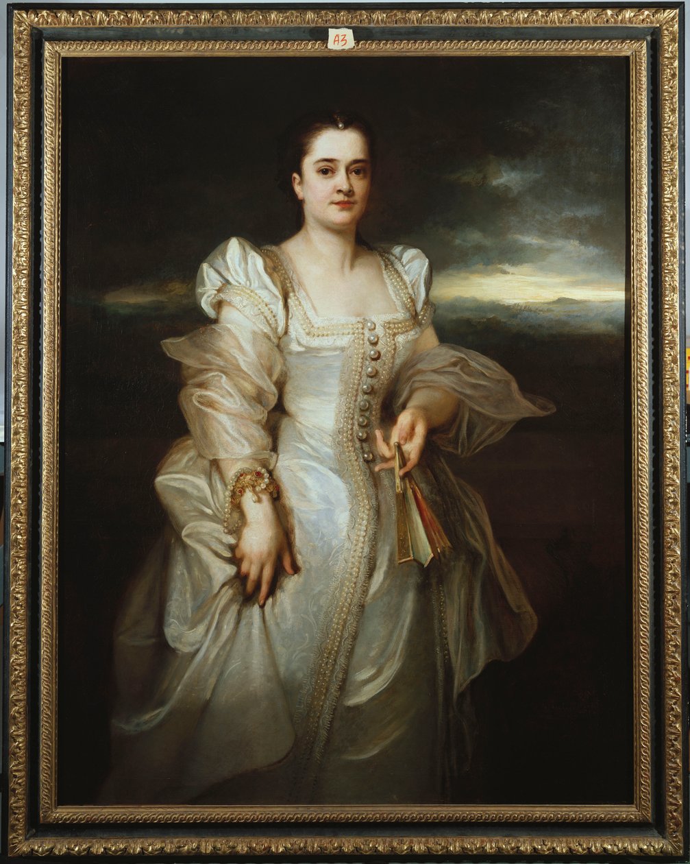 Retrato de una dama con un vestido blanco bordado con perlas de Adolphe Joseph Thomas Monticelli