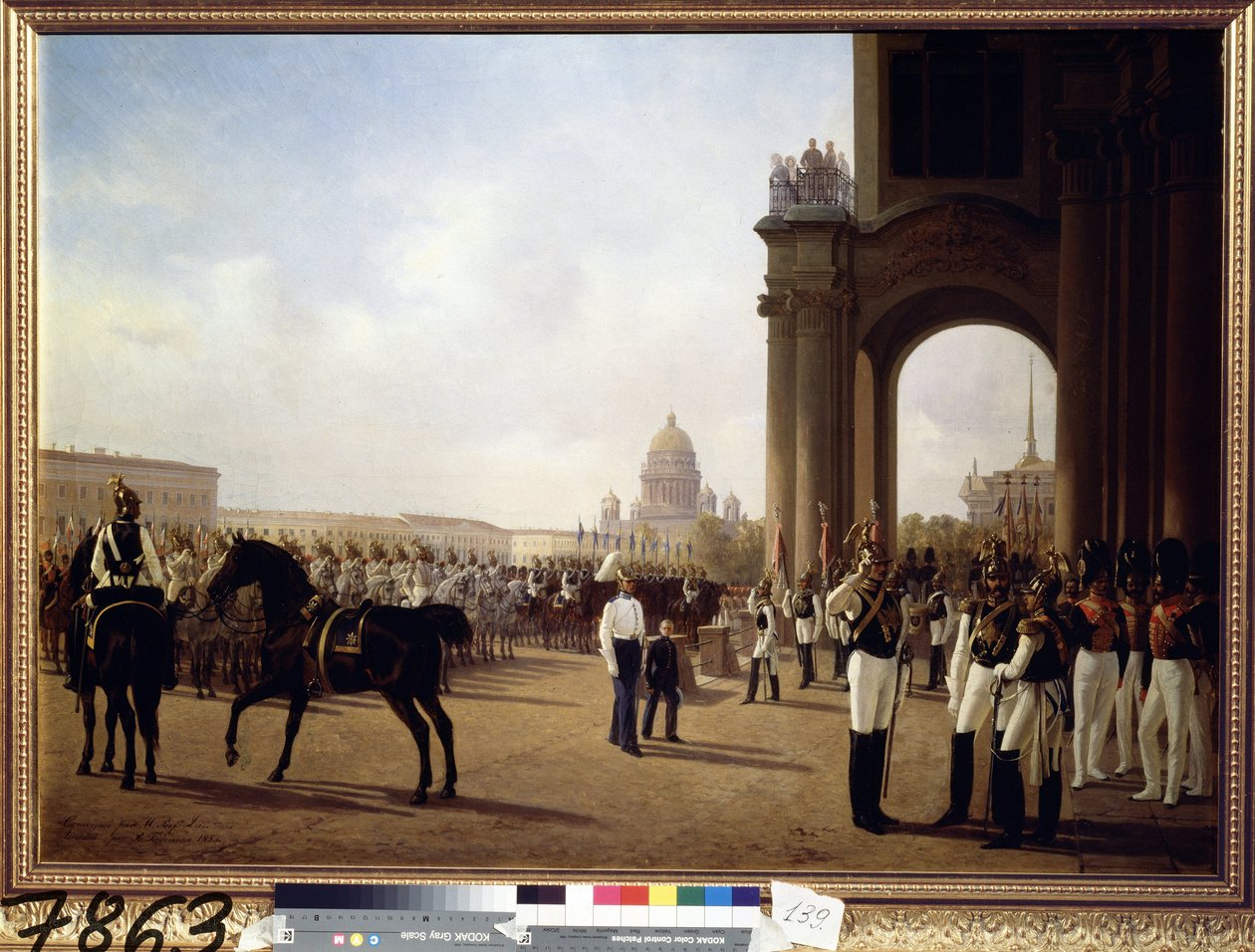 Desfile militar en la Plaza del Palacio de San Petersburgo (Desfile en la Plaza del Palacio de San Petersburgo). Pintura de Adolphe Ladurner (1798-1856), óleo sobre lienzo de Adolphe Ladurner