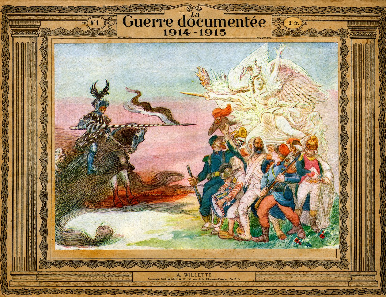 Alegoría del conflicto: Tropas francesas guiadas por la Victoria van al asalto de Alemania encarnada por la muerte a caballo de Adolphe Leon Willette