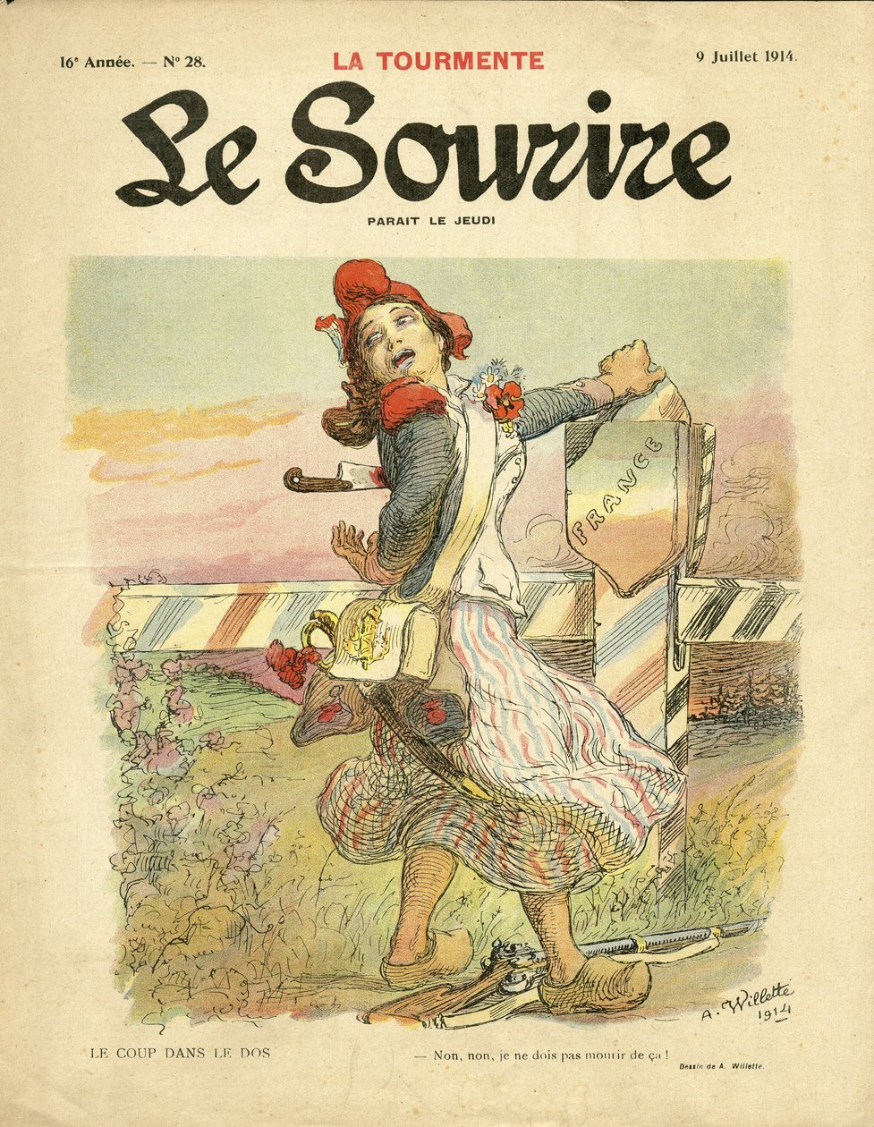 Ilustración de Adolphe dit Willette (1857-1926) para la Portada de Le Smile, no 28, 09/07/14 - El golpe en la espalda - Nacionalismo, Revolución Francesa, Guerra del 14-18 primeros ratones, Fronteras - Marianne de Adolphe Leon Willette
