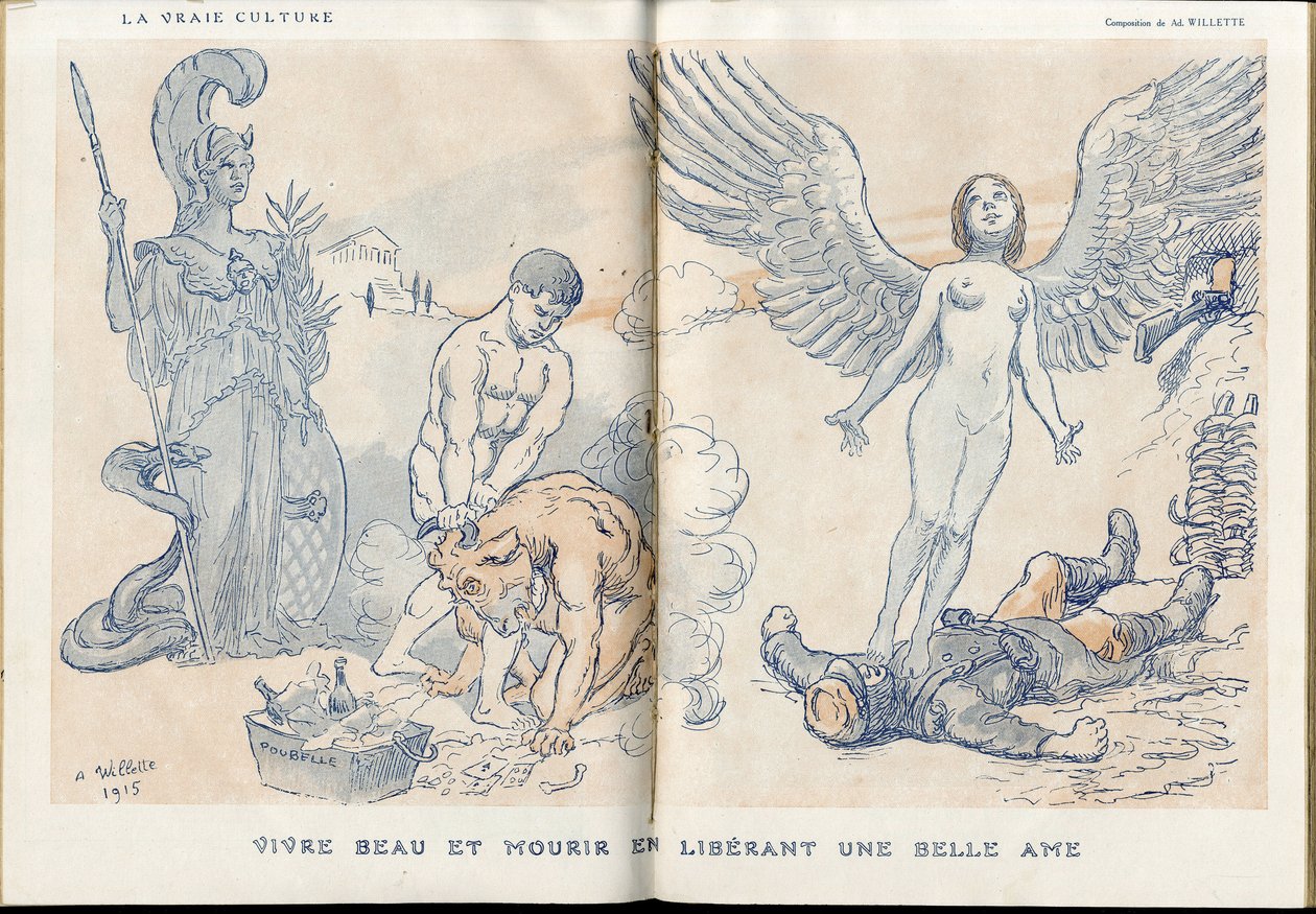 Ilustración de Adolphe dit Willette (1857-1926) en "Fantasio", 01/05/15 - Vivir hermoso y morir liberando un alma hermosa - Guerra del 14-18, Muertos cadáveres, Barbarie/Kultur, Mermelada de Calavera - Soldados de Adolphe Leon Willette