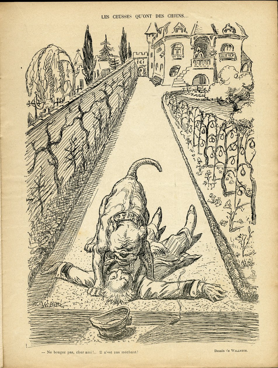 Ilustración de Adolphe dit Willette (1857-1926) en Le Rire, 27/02/09 - Les ceusses que on des chiens - Arquitectura Urbanismo, Animales - Perro, Pitt-Bull de Adolphe Leon Willette