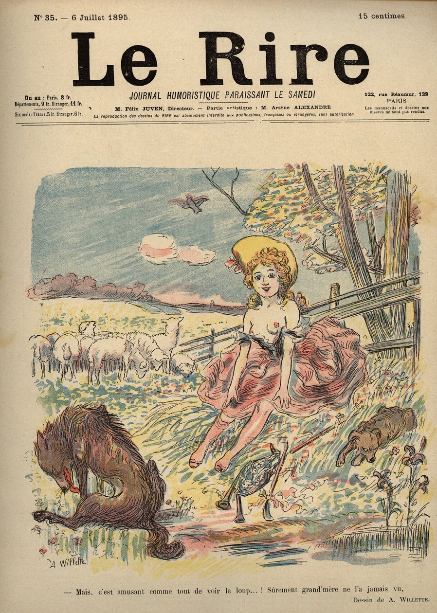 Caperucita Roja - pastora en topless, Caperucita Roja - ¡Pero, es divertido ver al lobo...! Probablemente la abuela nunca lo vio. Dibujo de A. Willette para el Risa Número 35, 6 de julio de Adolphe Leon Willette