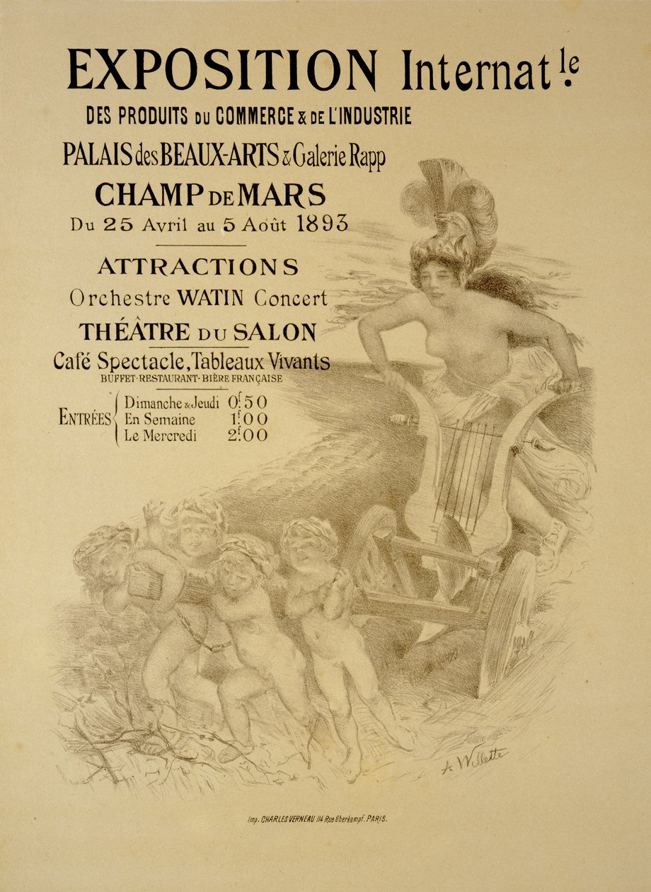 Reproducción de un cartel publicitario de una Exposición Internacional de Productos Comerciales e Industriales, Palais des Beaux-Arts y Galerie Rapp, Champ de Mars, París, 1893 de Adolphe Leon Willette
