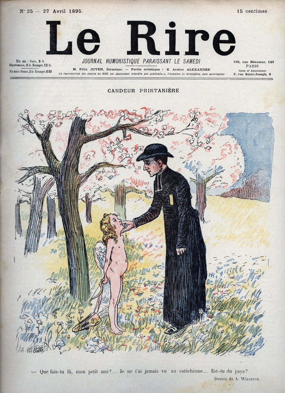Primavera Candeur - En un bosque de flores, un sacerdote acaricia la cara de un niño desnudo, escondiendo detrás de su espalda un arco y una flecha y un par de alas. Sin saber que es Cupido, le pregunta si es nuevo, ya que nadie lo ha visto en el catecismo de Adolphe Leon Willette