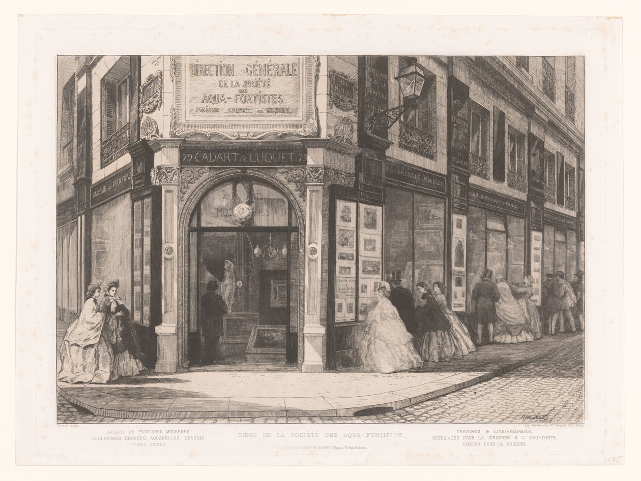 Vista del negocio de Cadart y Luquet con damas y caballeros en los escaparates
Siège de la société des Aqua-fortistes (título en el objeto)
Eaux-Fortes Modernes: Originales et Inédites (título de la serie) de Adolphe Martial Potemont