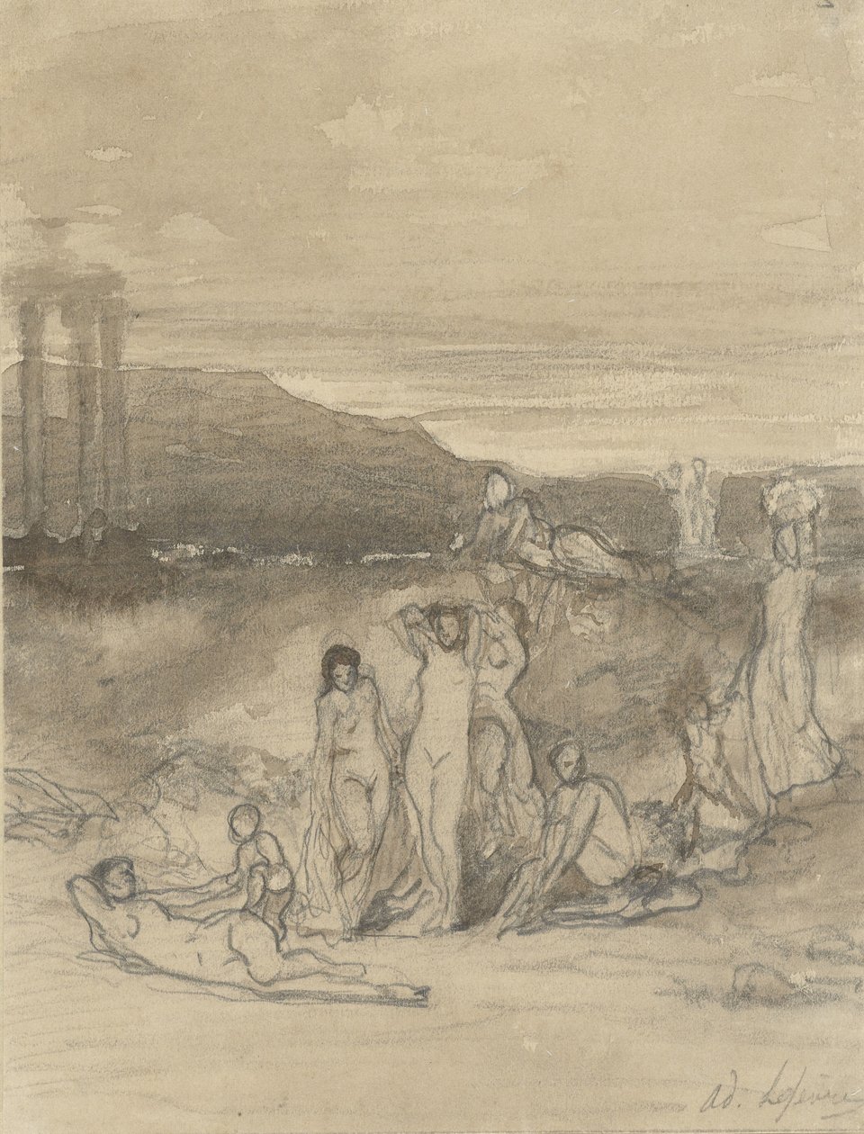 Paisaje clásico con desnudos recostados, de pie y sentados y las ruinas de un templo de Adolphe René Lefèvre