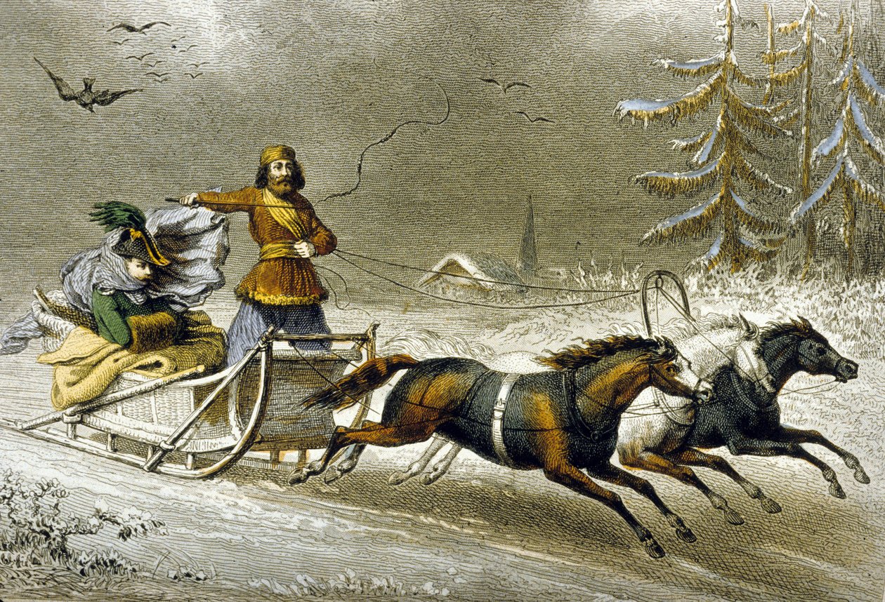 Un trineo en la nieve, Rusia (grabado en color) de Adolphe Rouargue