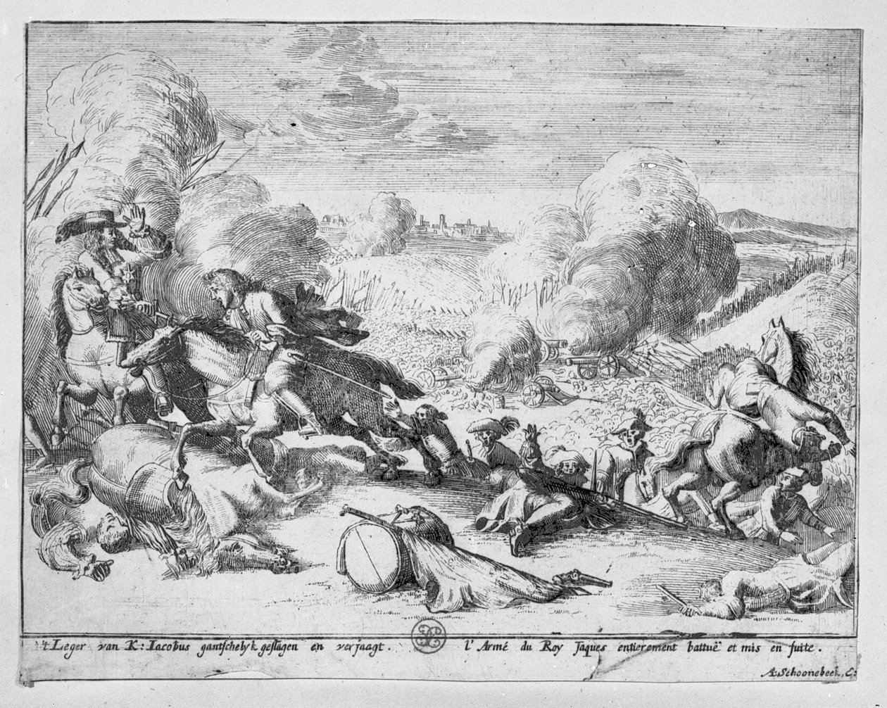 Las tropas del Rey Jacobo son derrotadas en la Batalla del Boyne y huyen, 1690 de Adriaan Schoonebeek