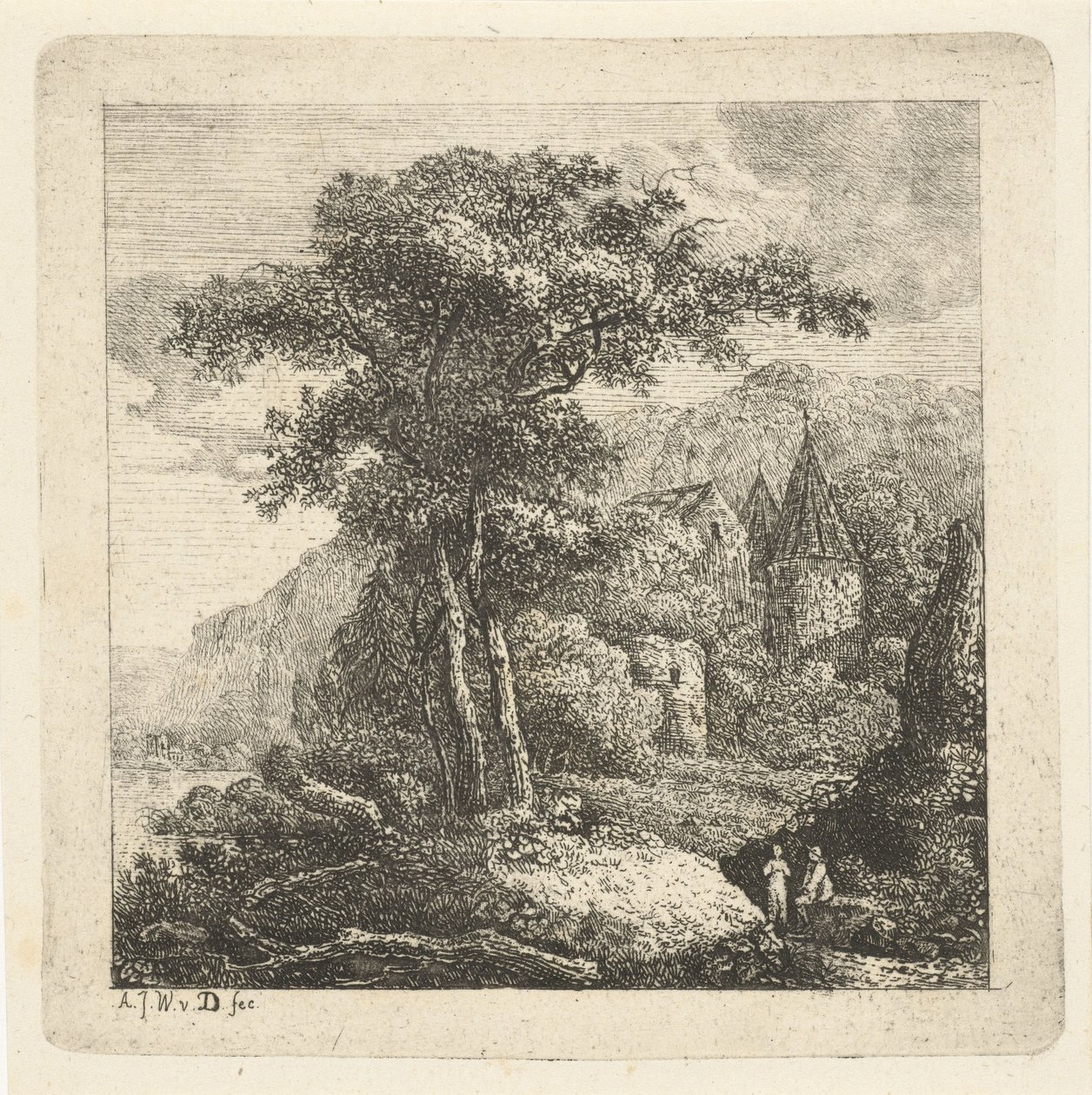 Paisaje montañoso con árboles, castillo y dos figuras. de Adriaan Jacob Willem van Dielen