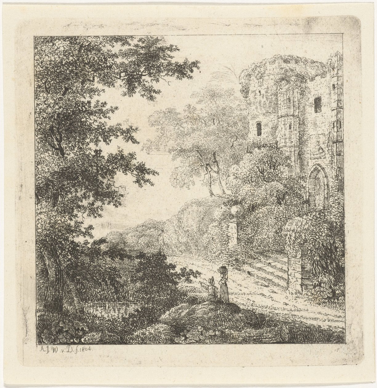 Paisaje con figuras en las ruinas de un castillo. de Adriaan Jacob Willem van Dielen