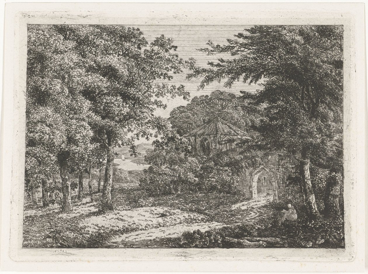 Paisaje con capilla entre árboles y monje leyendo de Adriaan Jacob Willem van Dielen