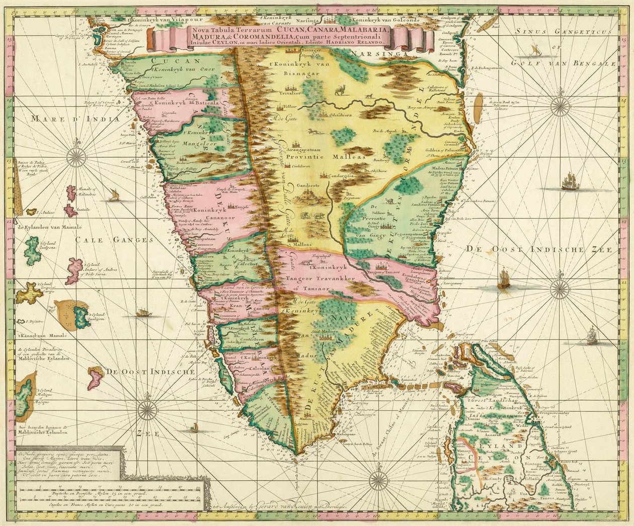 Mapa del sur de India y Ceilán, basado en una obra realizada circa 1720 por el cartógrafo holandés Adriaan Reland de Adriaan Reland
