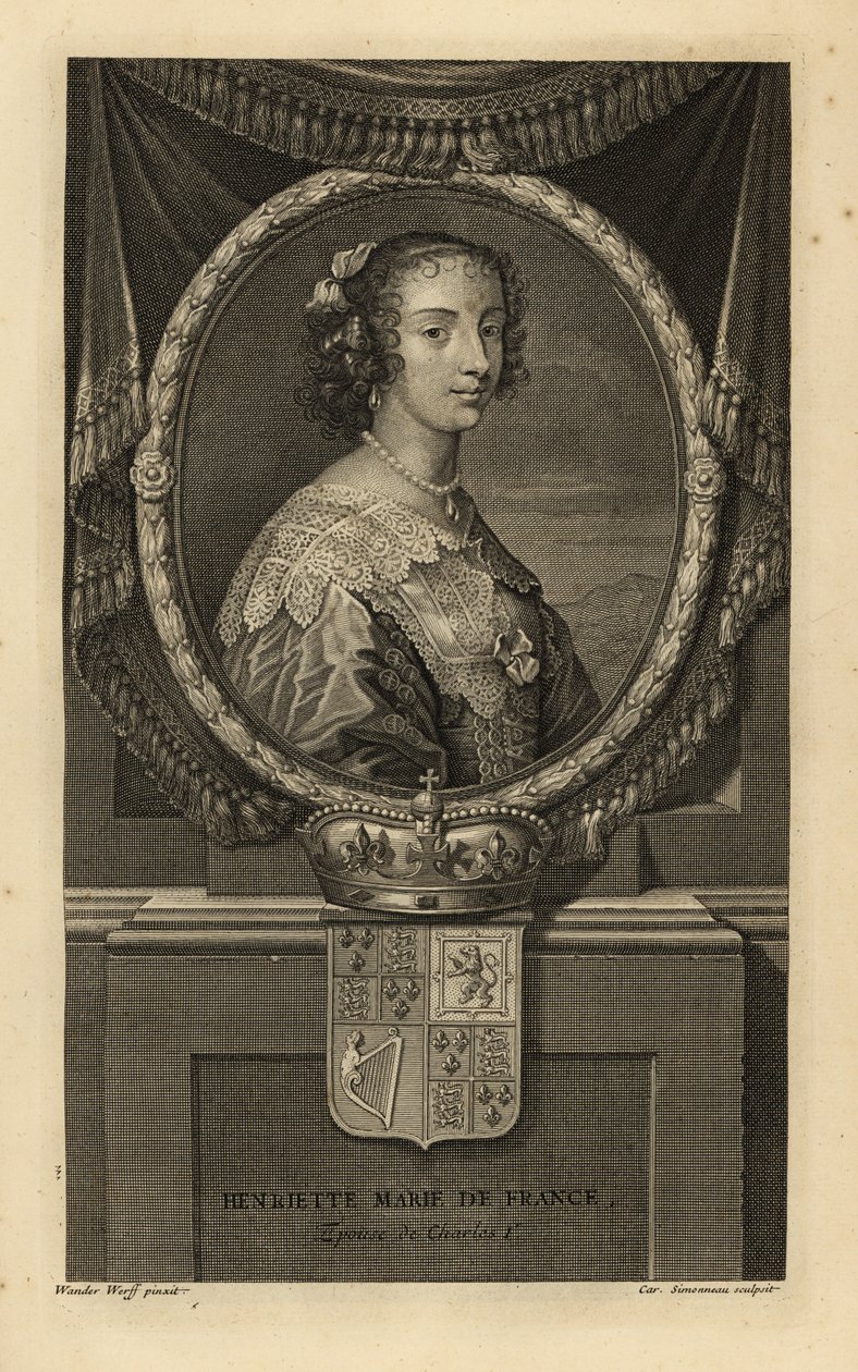 Henrietta Maria de Francia, esposa del rey Carlos I de Inglaterra. Henriette María de Francia. Con vestido con cuello de encaje y collar de perlas. Con corona y escudo de armas. Grabado al cobre de Charles Simonneau según Adriaen van der Werff a partir de  de Adriaan van der (after) Werff