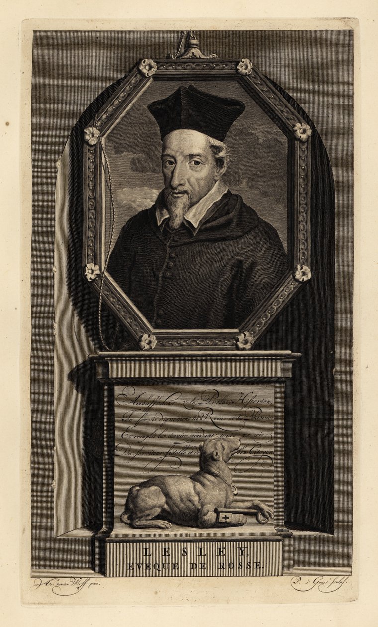 John Lesley, historiador escocés y obispo de Ross. Eveque de Rosse. Perro con llave. Grabado al cobre de Pieter Stevens van Gunst según Adriaen van der Werff de la Histoire d
