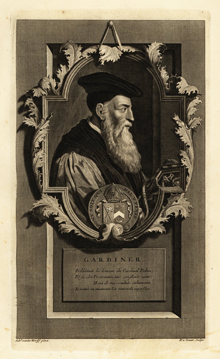 Retrato de Stephen Gardiner, obispo de Winchester y político. Con escudo de armas. Grabado al cobre de Pieter Stevens van Gunst según Adriaen van der Werff de la Histoire d