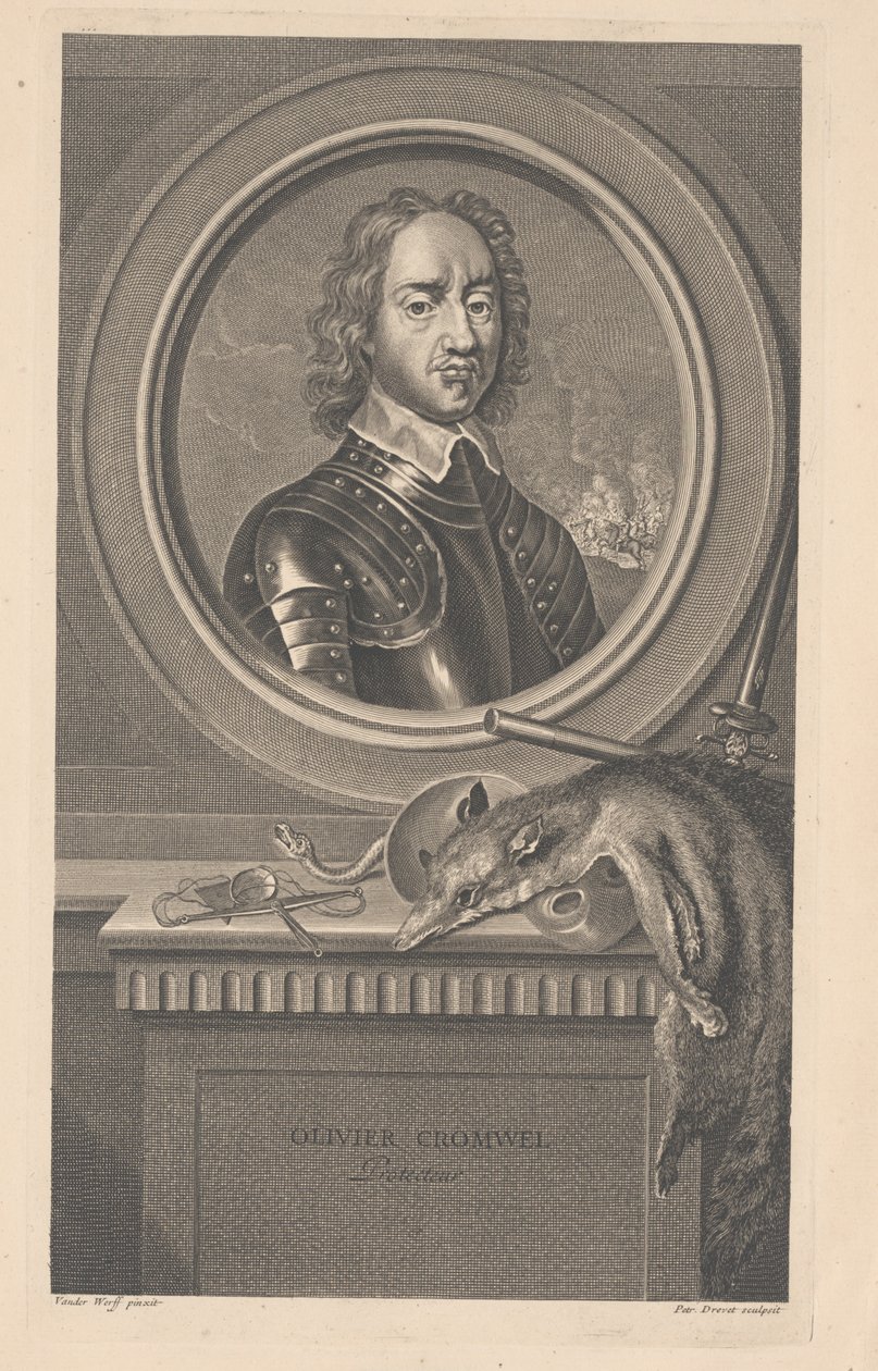 Oliver Cromwell, Protector, grabado por Pierre Drevet de Adriaan van der Werff