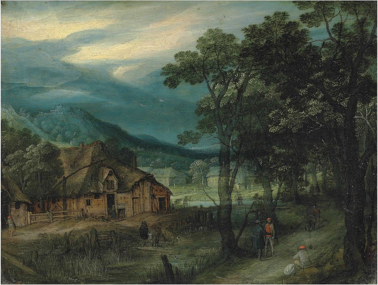 Paisaje boscoso con viajeros en un camino por un pueblo de Adriaen van Stalbemt