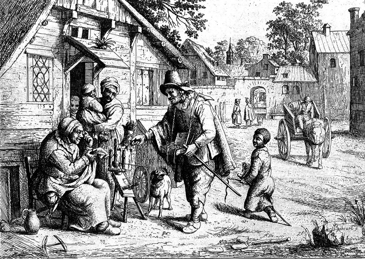 Un vendedor ambulante mostrando sus mercancías a una anciana de Adriaen Jansz. van Ostade