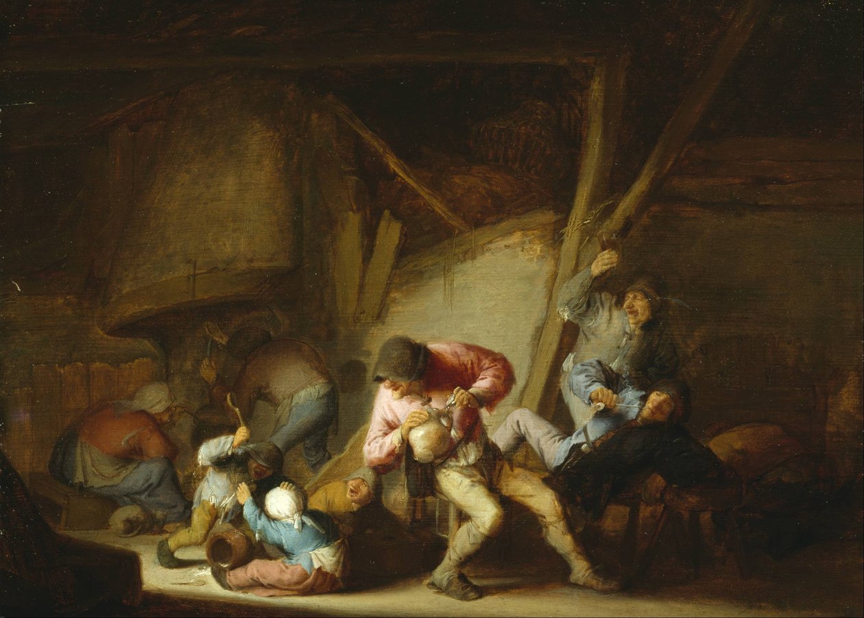 Interior con figuras bebiendo y niños llorando de Adriaen Jansz. van Ostade