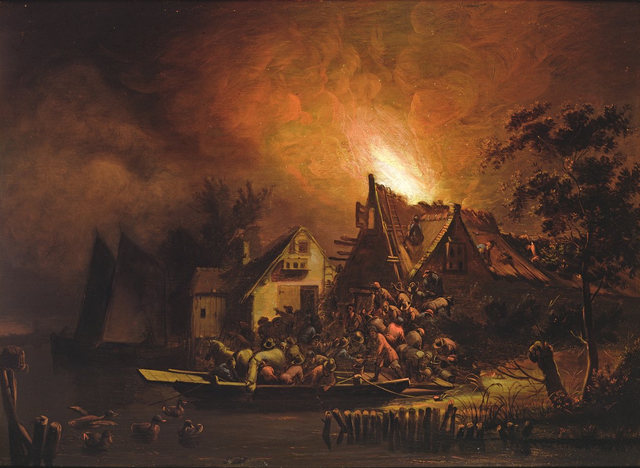 Aldeanos luchando por apagar un incendio en una cabaña de Adriaen Lievensz van der Poel