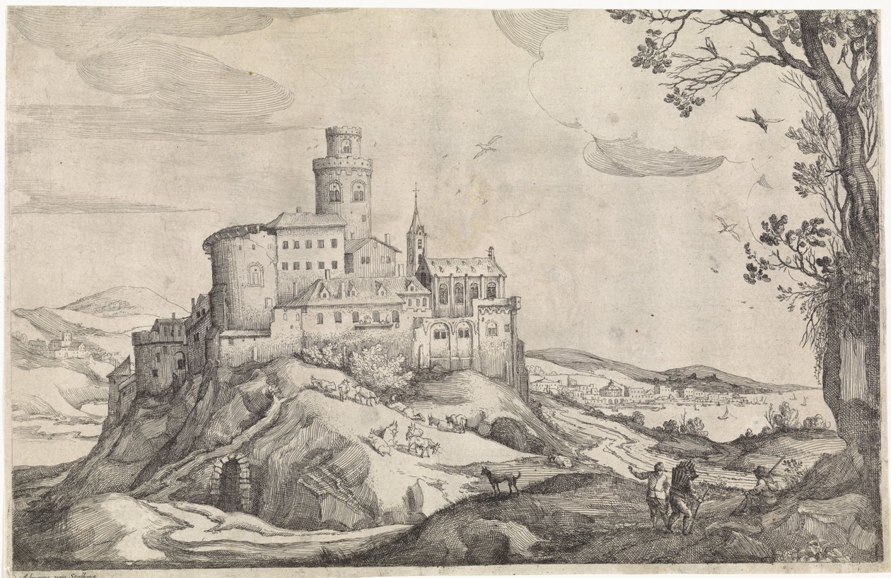 Paisaje con un castillo en una montaña de Adriaen van Stalbemt