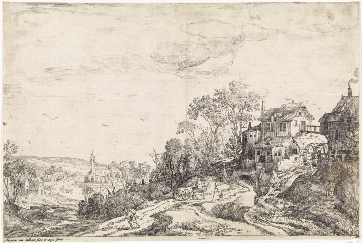 Paisaje con molino de tierra de Adriaen van Stalbemt