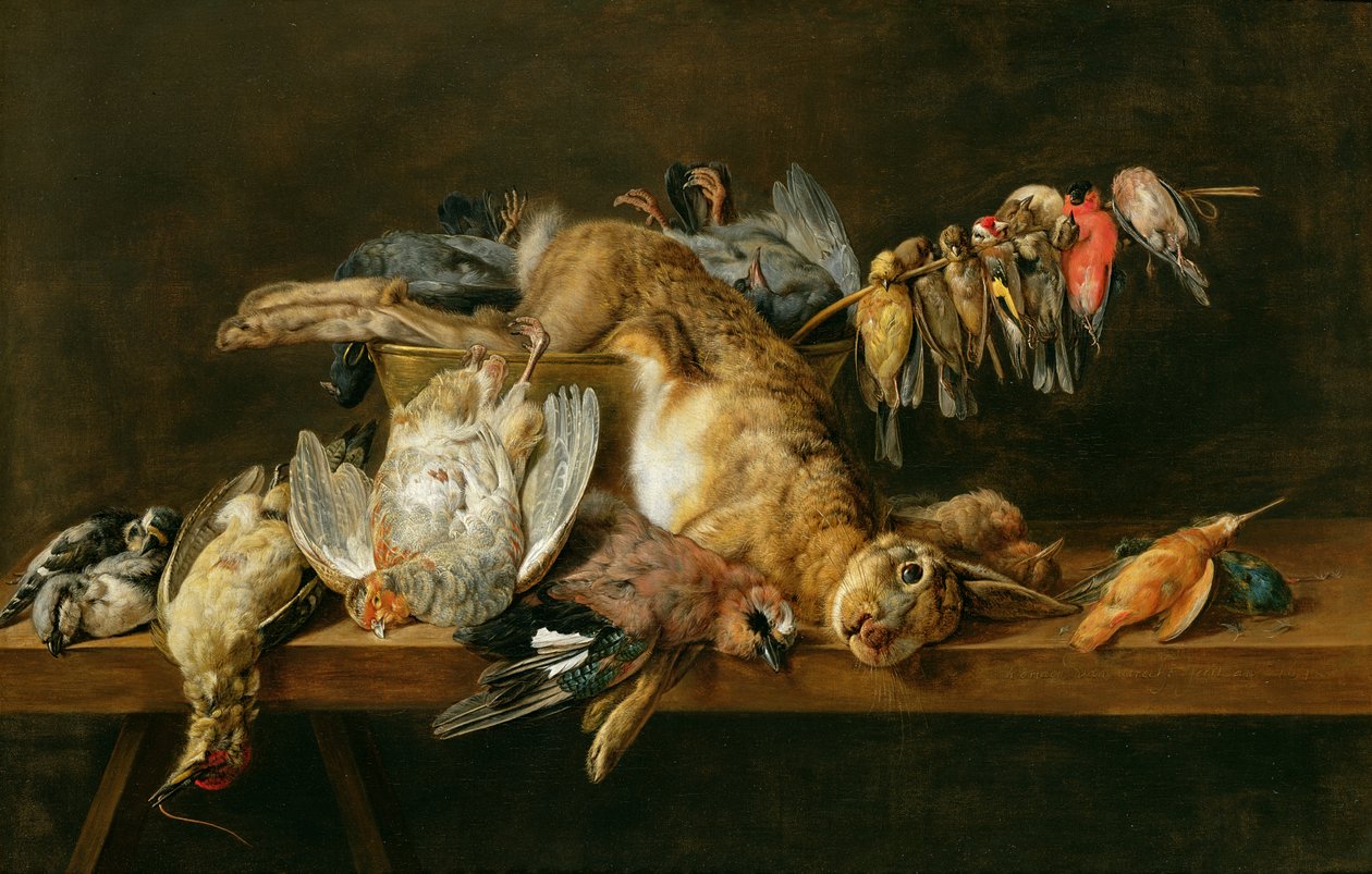 Naturaleza muerta de aves muertas y una liebre en una mesa, 1647 de Adriaen van Utrecht