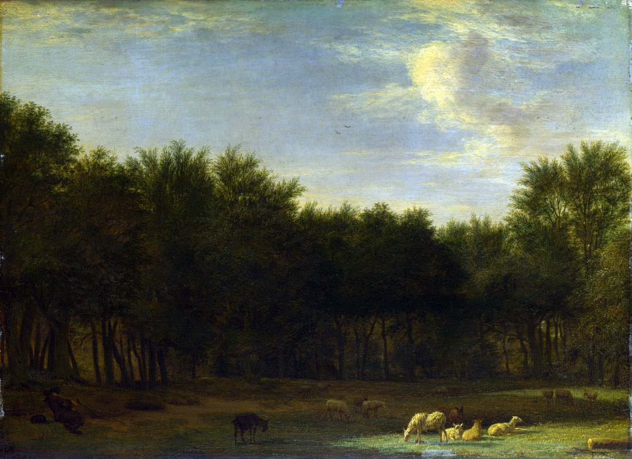 El borde de un bosque, con un pastor dormido, ovejas y cabras de Adriaen van de Velde