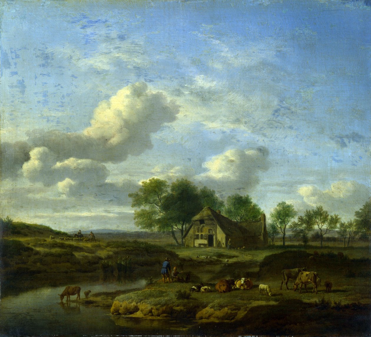 Un paisaje con una granja junto a un arroyo de Adriaen van de Velde