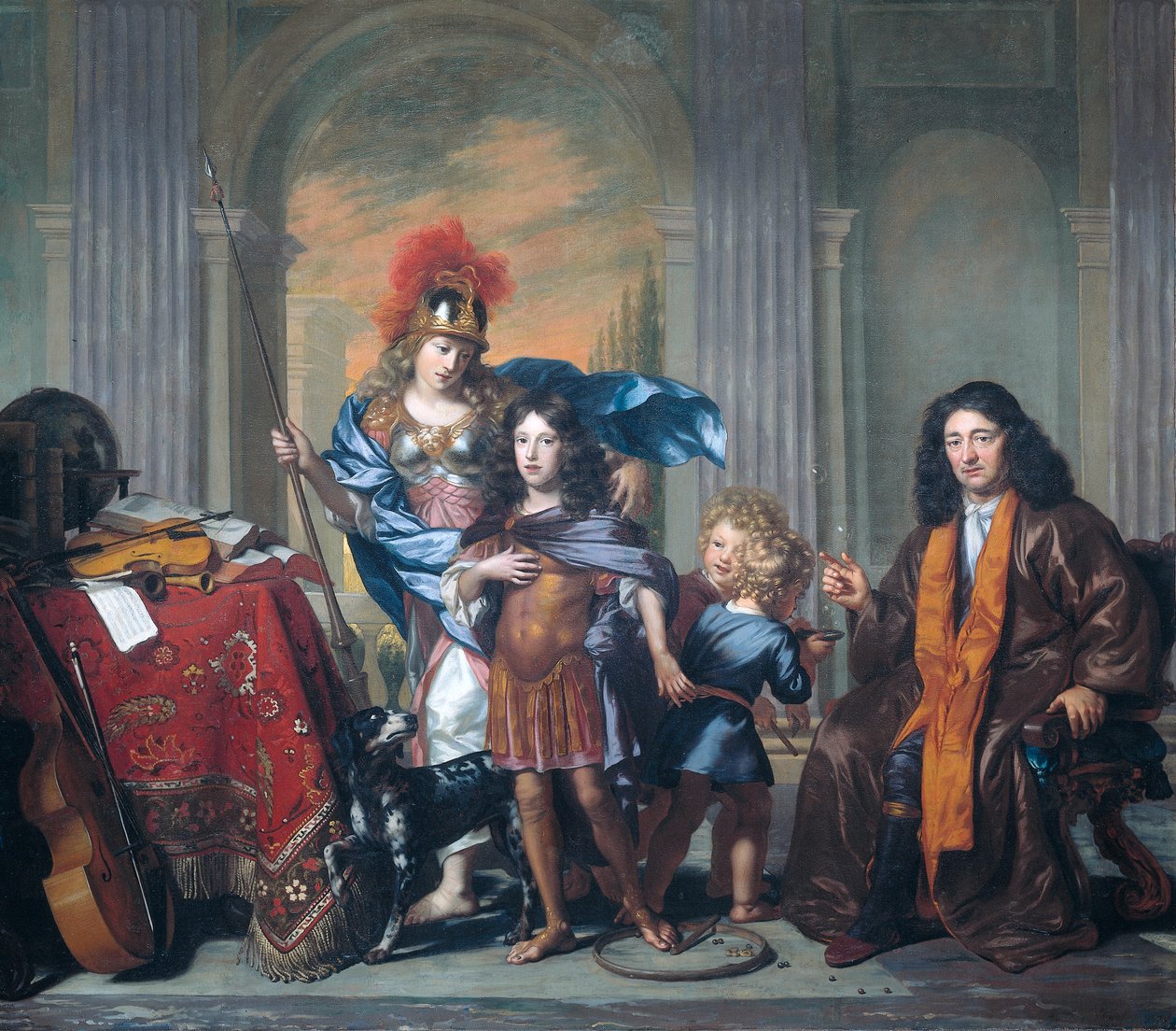 Holandés: Allegorische portretgroep van de familie De Bordes met Minerva Retrato de grupo alusivo, probablemente mostrando a Anthony de Bordes padre dejando a su hijo Anthony al cuidado de Minerva de Adriaen Backer