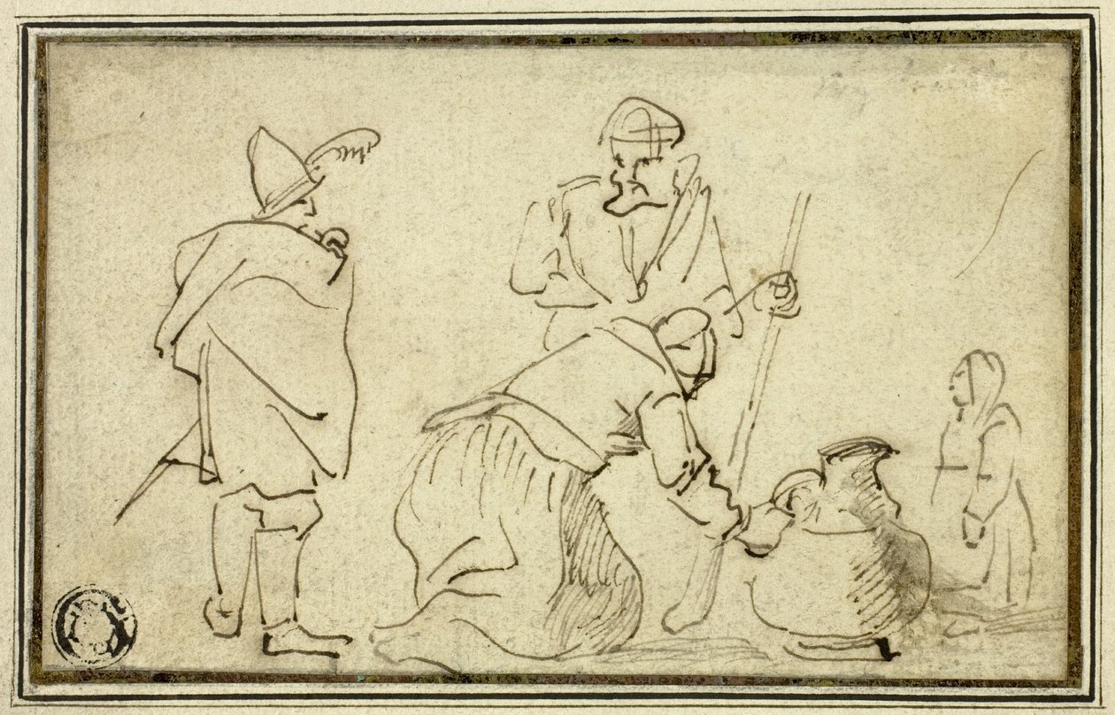 Dos soldados, mujer con jarra y niño de Adriaen Brouwer