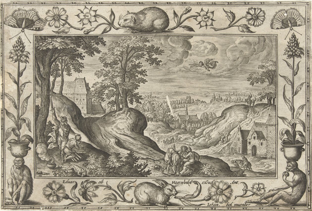 Abraham sacrifica a Isaac Paisajes con escenas bíblicas, mitológicas y escenas de caza (título de la serie) de Adriaen Collaert