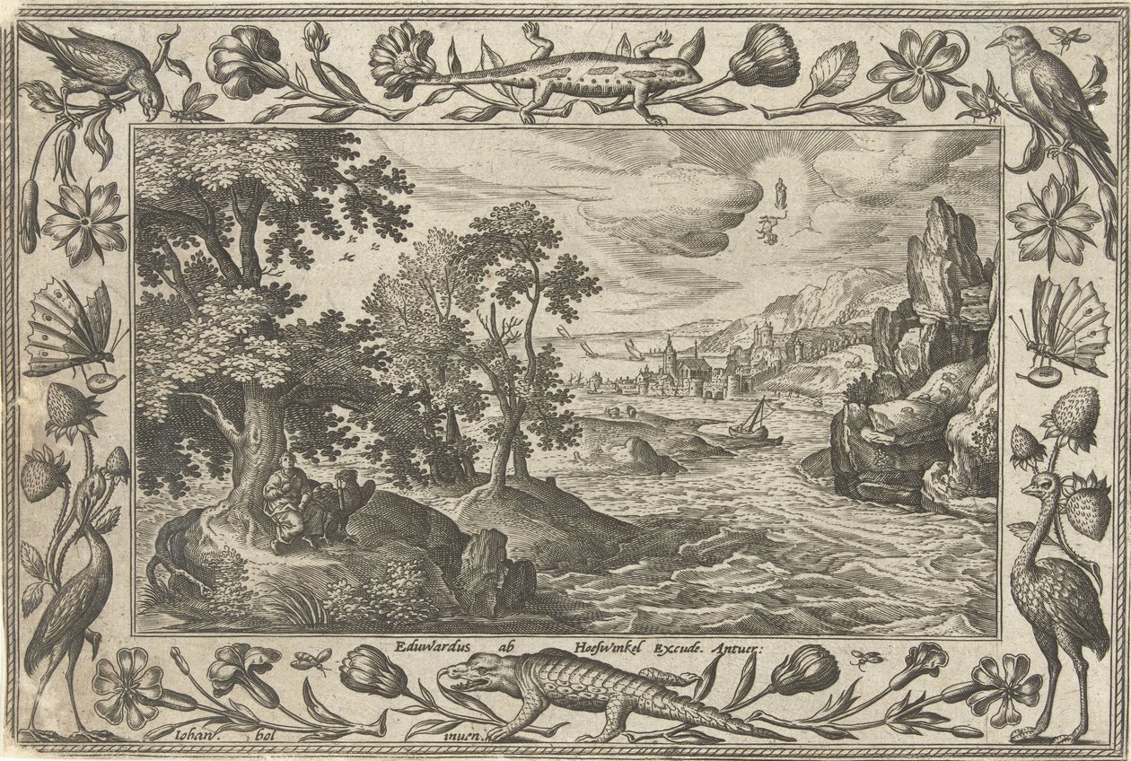 Apóstol Juan en Patmos Paisajes con escenas bíblicas, mitológicas y escenas de caza (título de la serie) de Adriaen Collaert