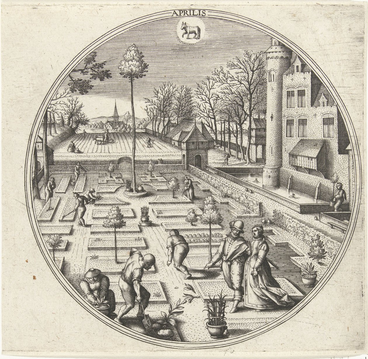 Abril Aprilis (título sobre objeto) Los doce meses (título de la serie) de Adriaen Collaert