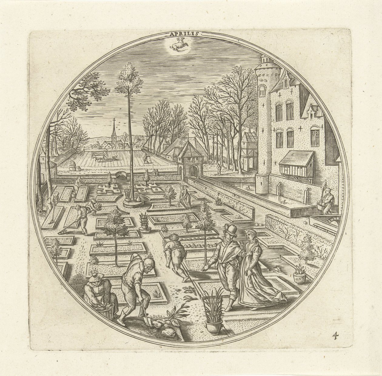 Abril Aprilis (título sobre objeto) Los doce meses (título de la serie) de Adriaen Collaert